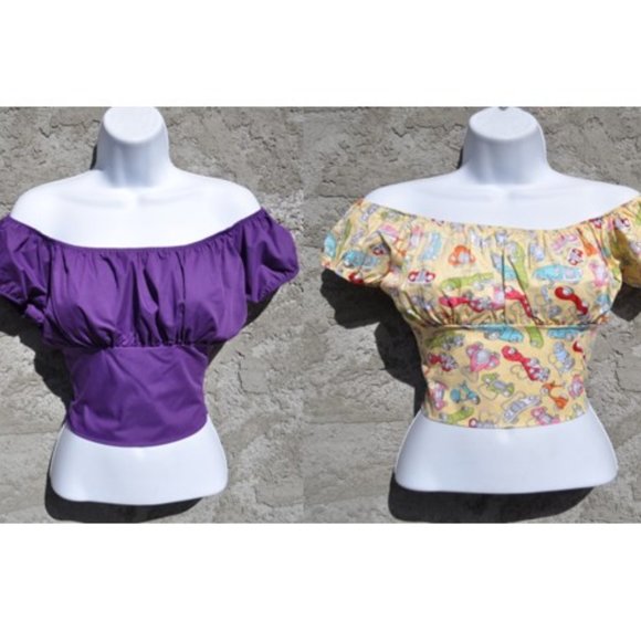 Two Crop top Low Shoulder Cars print and Purple Retro Vintage tops. - Picture 1 of 5